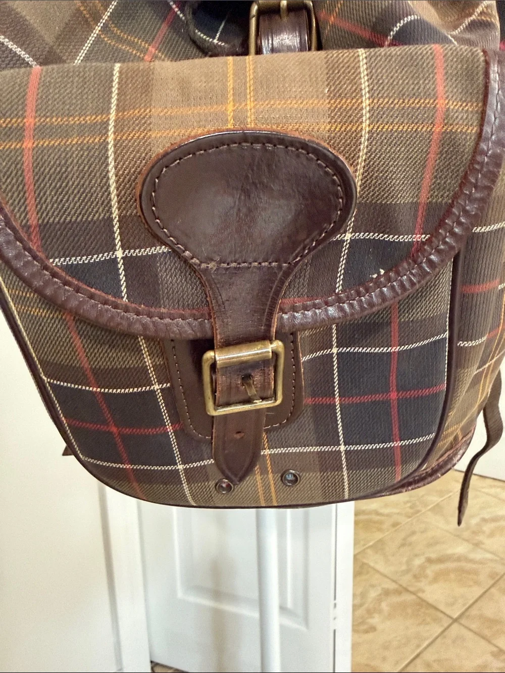 Barbour Brown Tartan Plaid Canvas Backpack with Leather Trim - Picture 4 of 12
